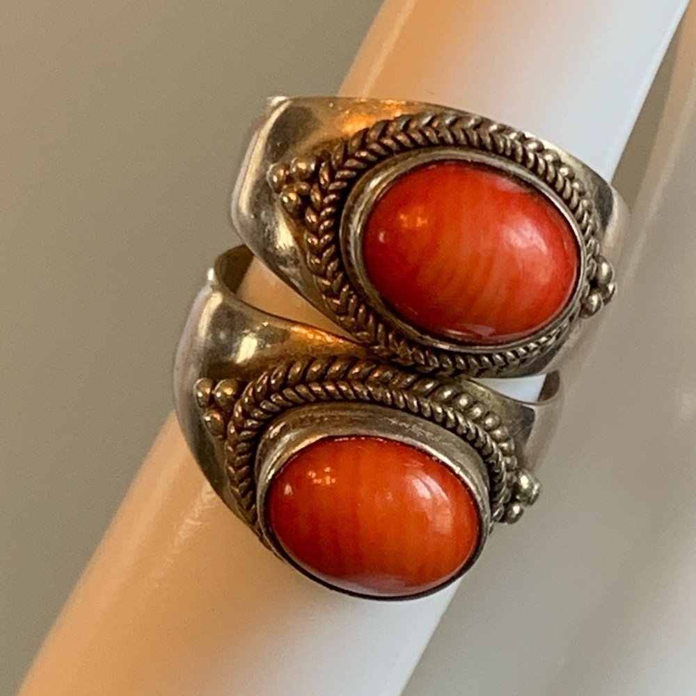 Sterling Silver Double Ring Coral Size 5 Stamped 925 NAT Vintage OOAK